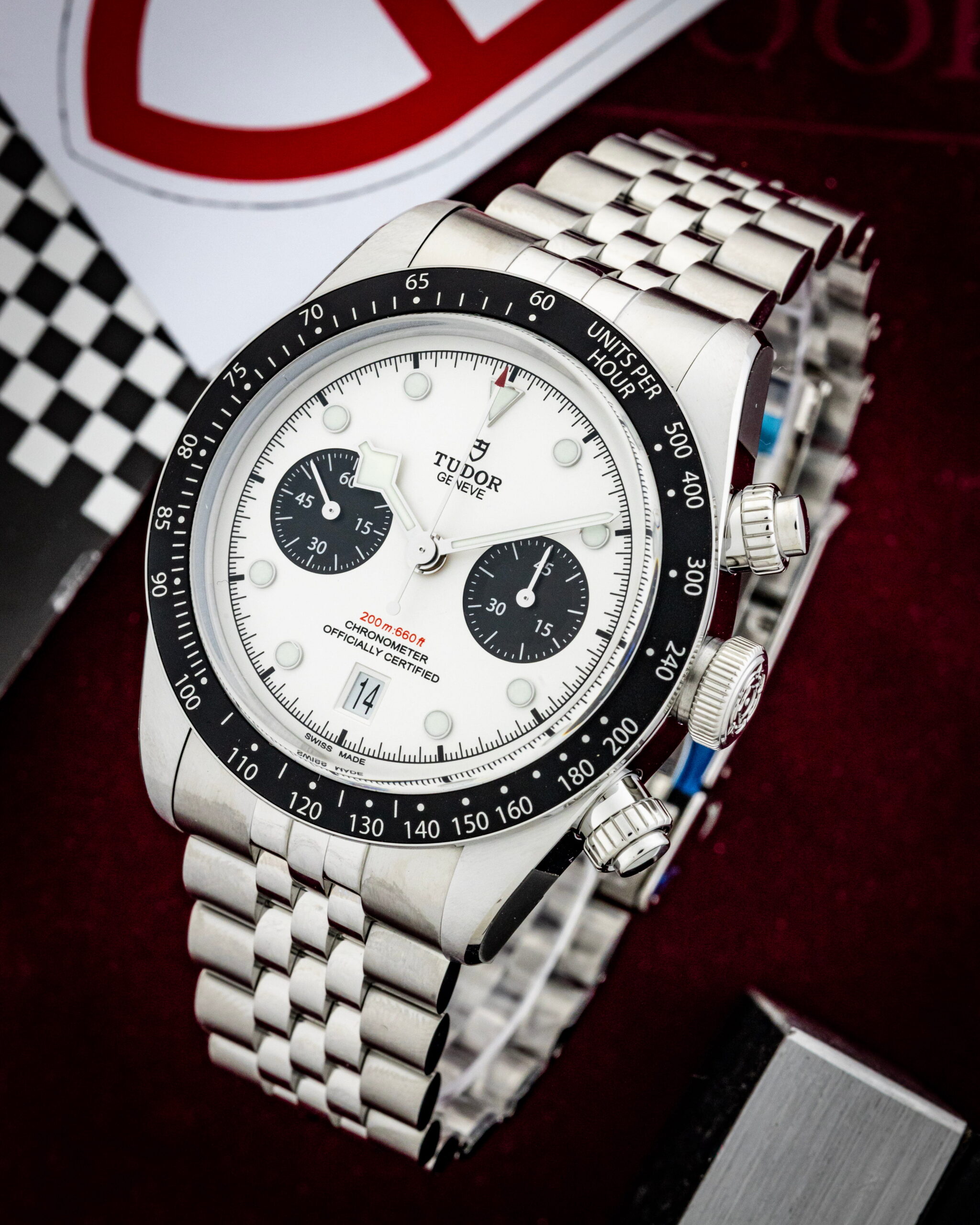 Hotlist image for Tudor Black Bay Chrono wristwatch with stainless steel case and bracelet, and opaline dial.