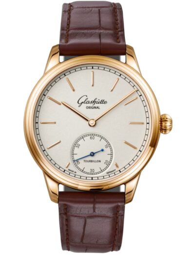 Glashutte Original wristwatch with rose gold case, champagne dial, and brown Louisiana Alligator leather strap.