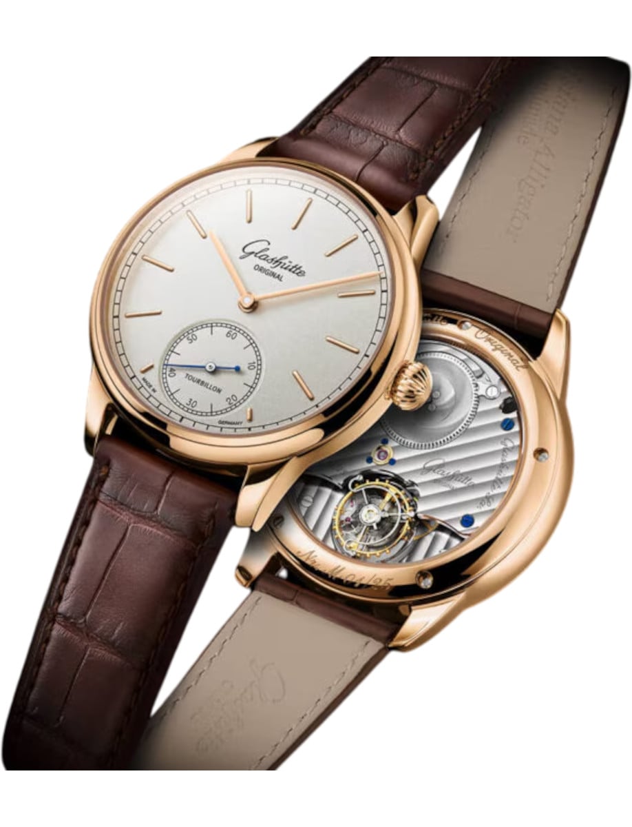 Glashutte Original wristwatch with rose gold case, champagne dial, brown Louisiana Alligator leather strap, and transparent case back.