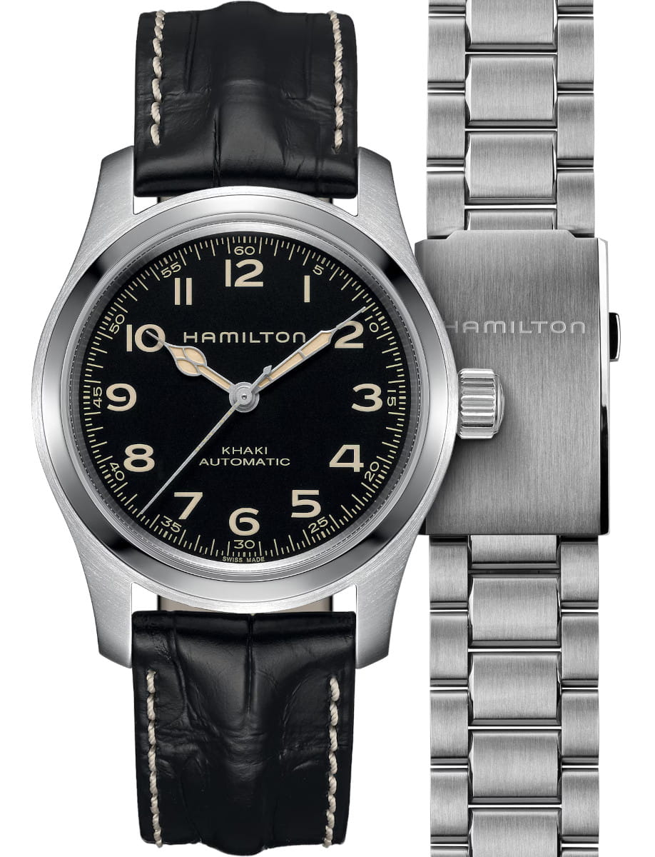 Hamilton wristwatch with stainless steel case, black dial, black leather strap and additional stainless steel bracelet.