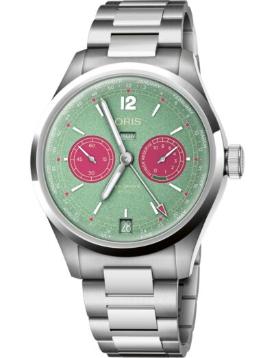 Oris wristwatch with stainless steel case and bracelet, and green dial with pink counters.