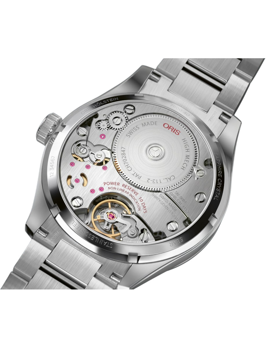 Back view of Oris wristwatch with stainless steel case and bracelet.