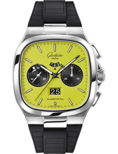 Glashutte Original wristwatch with stainless steel case, a light green dial, and a black rubber strap.