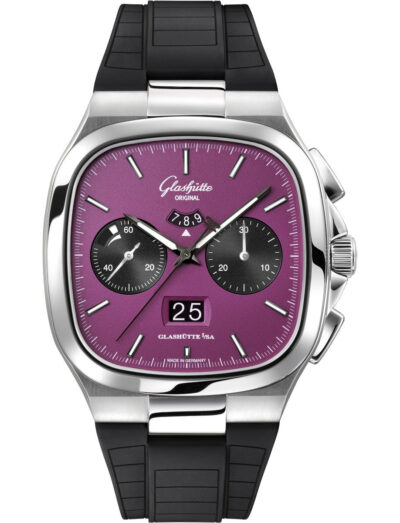 Glashutte Original wristwatch with stainless steel case, a violet dial, and a black rubber strap.