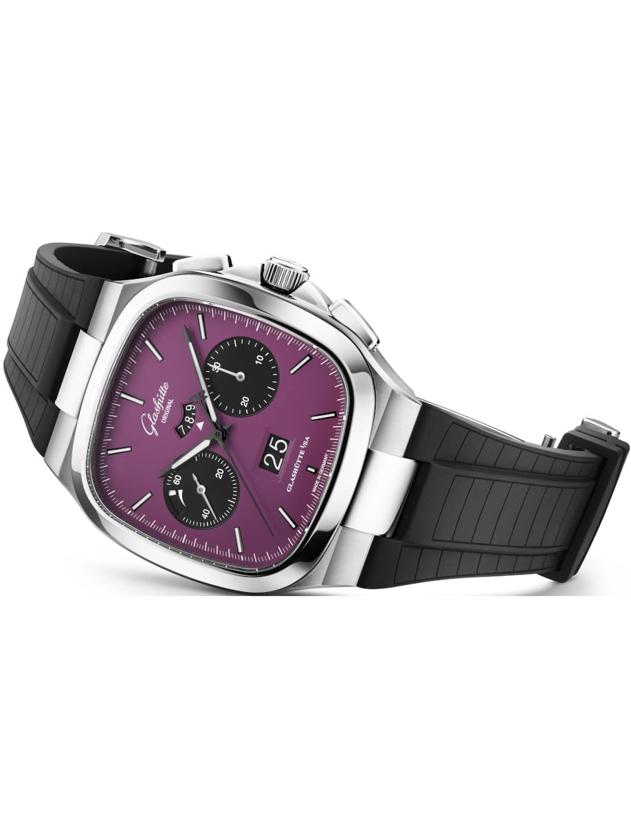 Side view of Glashutte Original wristwatch with stainless steel case, a violet dial, and a black rubber strap.