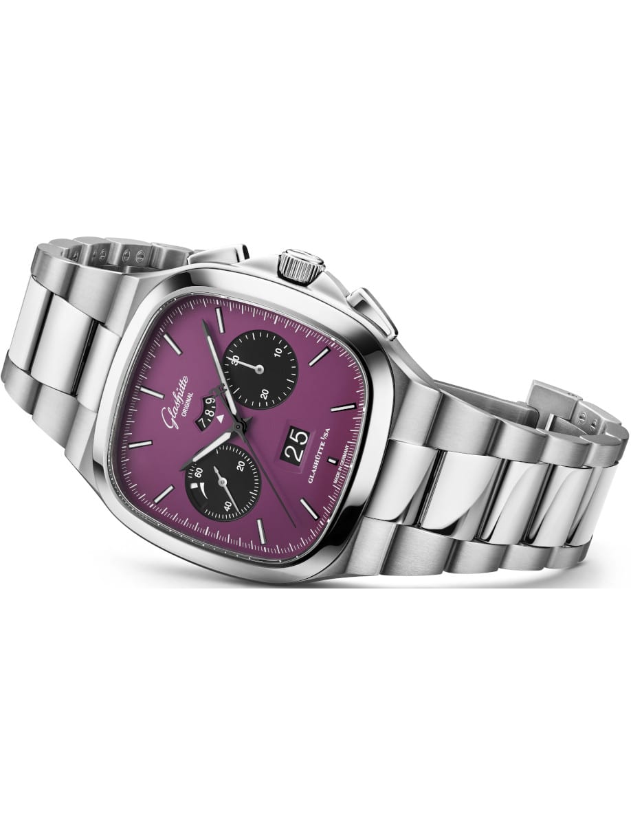 Side view of Glashutte Original wristwatch with stainless steel case and bracelet, and a violet dial.