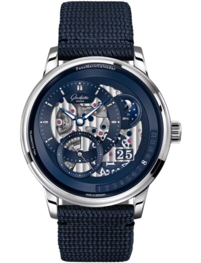 Glashütte Original wristwatch with platinum case, blue dial, and blue synthetic strap.