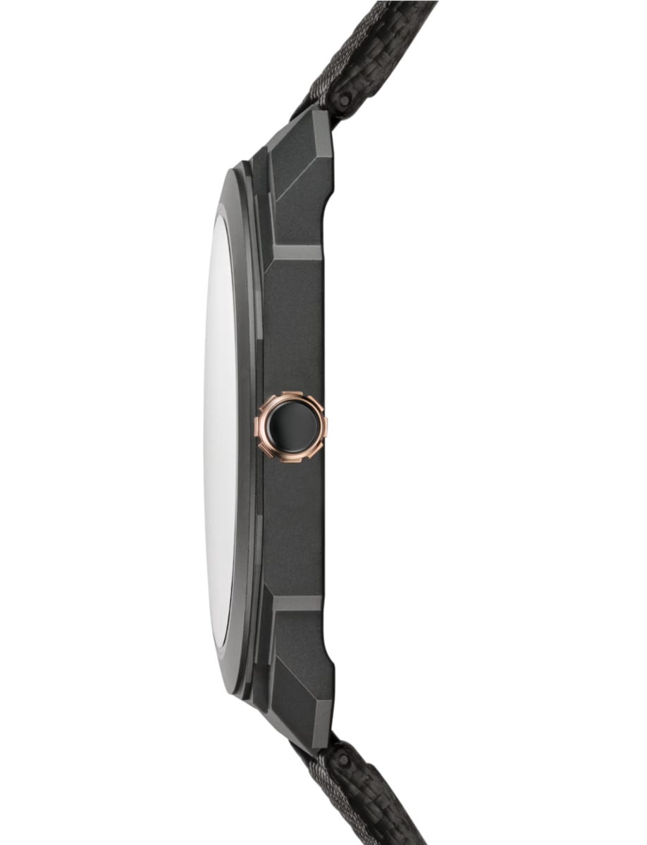 Side case view of Bulgari wristwatch with black DLC-coated titanium case, and a black rubber bracelet.