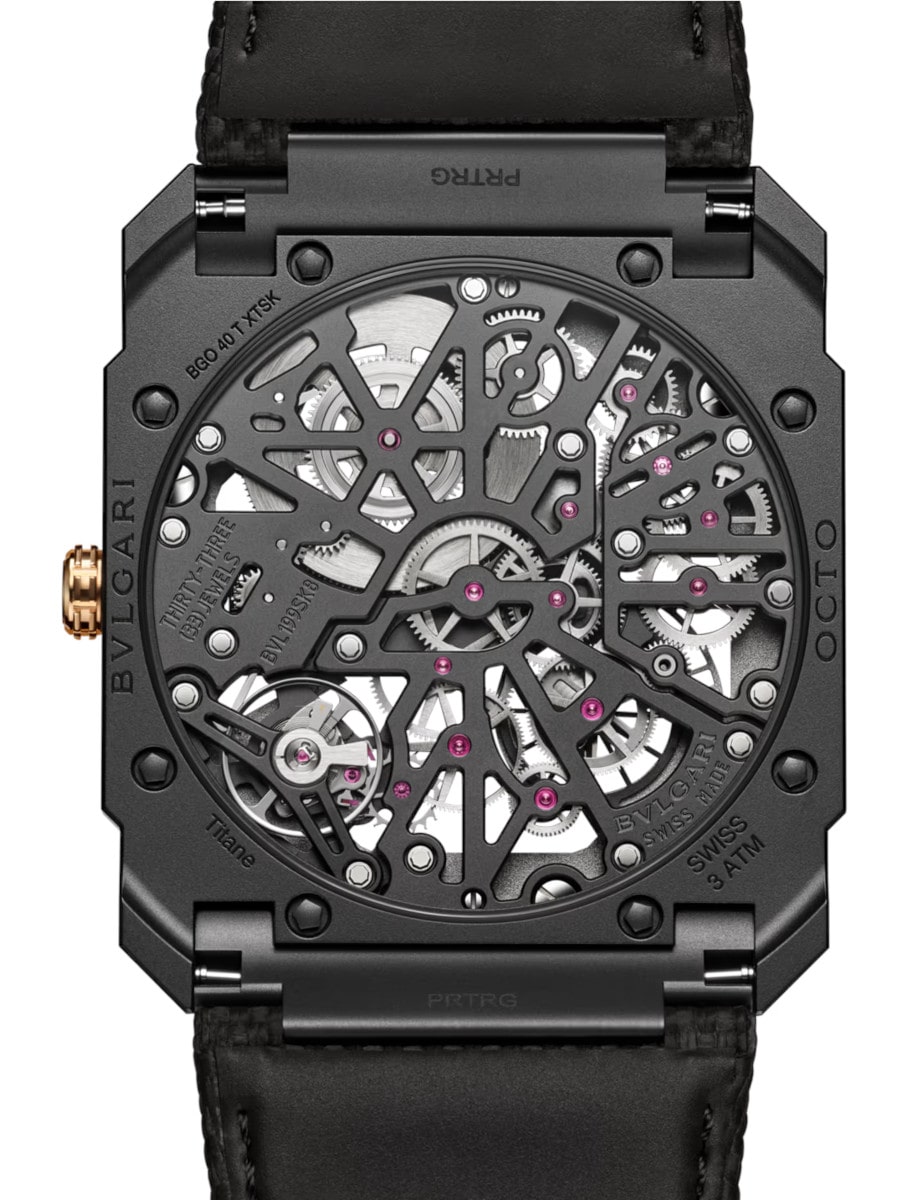 Back view of Bulgari wristwatch with black DLC-coated titanium case, and a black rubber bracelet.