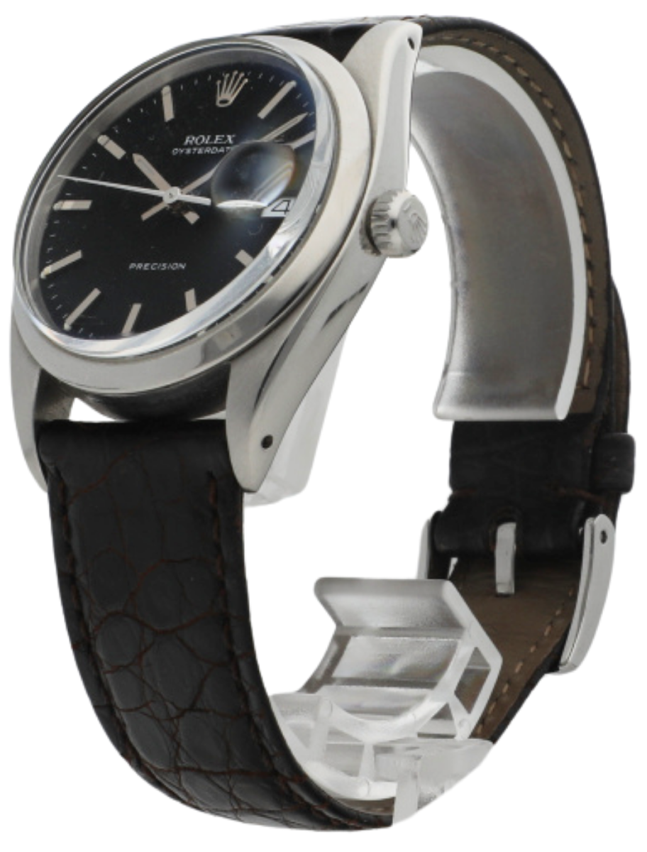 Front-left angled view of a pre-owned wristwatch with an Oystersteel case, black dial, and black calf leather strap.