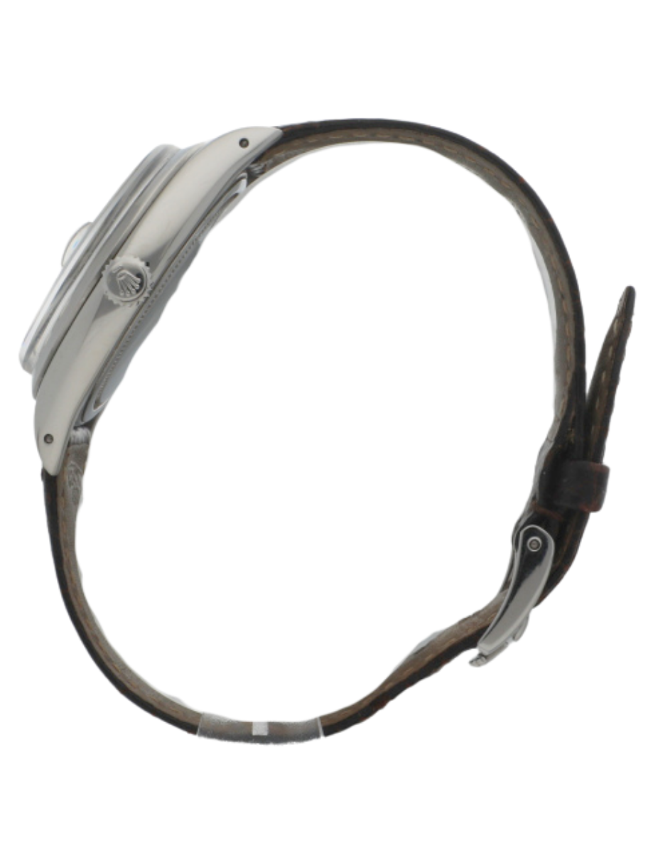 Left angled view of a pre-owned wristwatch with an Oystersteel case, and black calf leather strap.