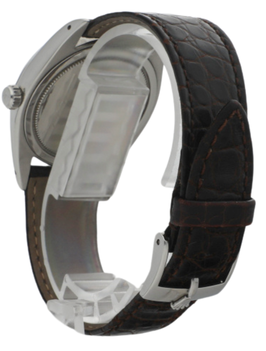 Back-left angled view of a pre-owned wristwatch with an Oystersteel case, and black calf leather strap.