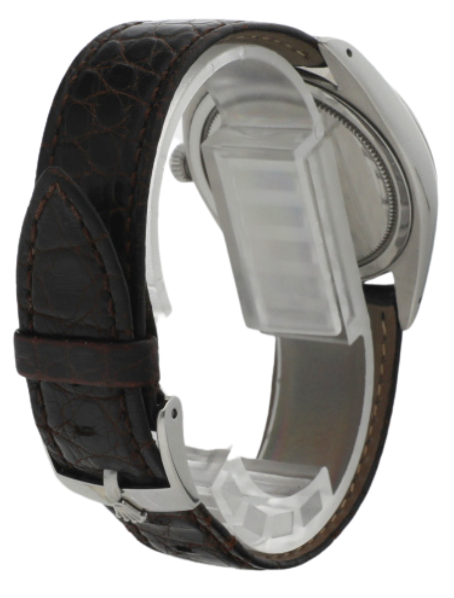 Back-right angled view of a pre-owned wristwatch with an Oystersteel case, and black calf leather strap.