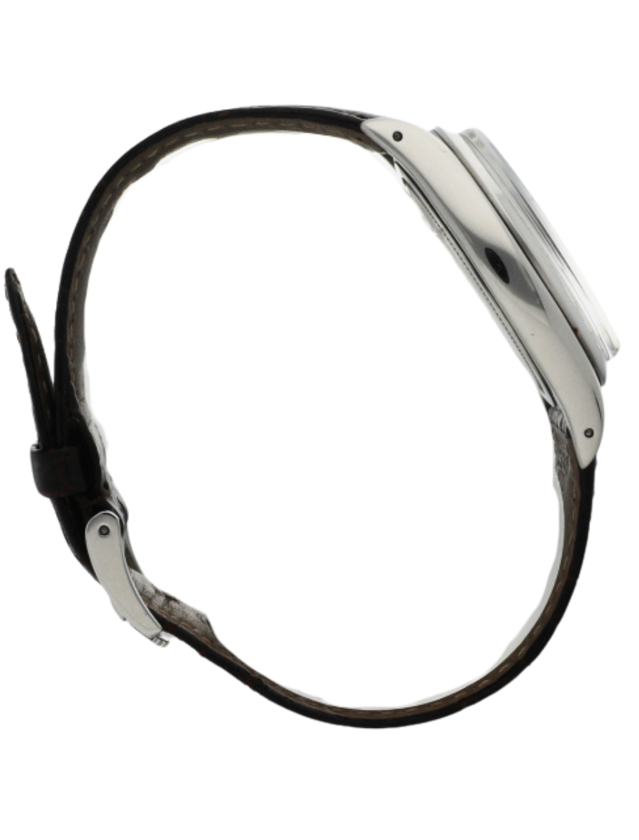 Right angled view of a pre-owned wristwatch with an Oystersteel case, and black calf leather strap.