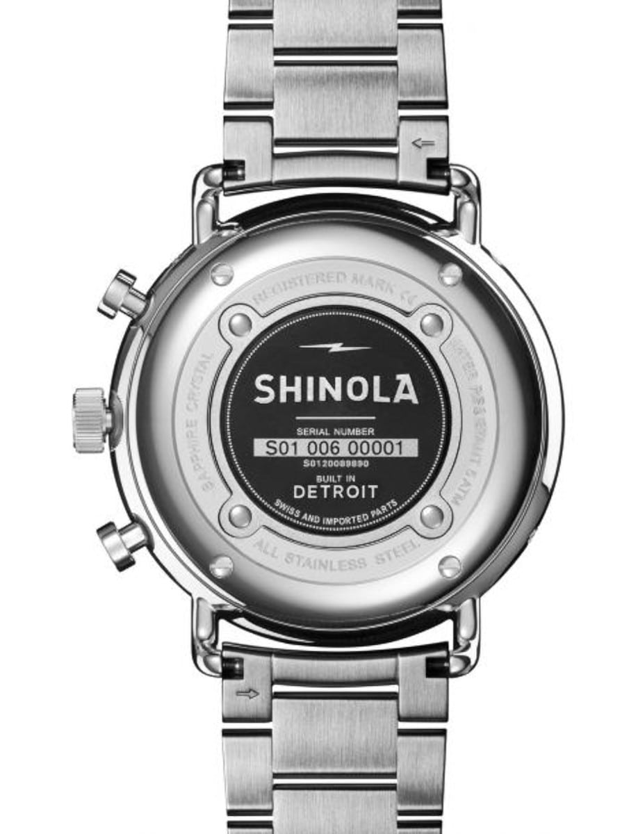 Back view of Shinola wristwatch with stainless steel case and bracelet