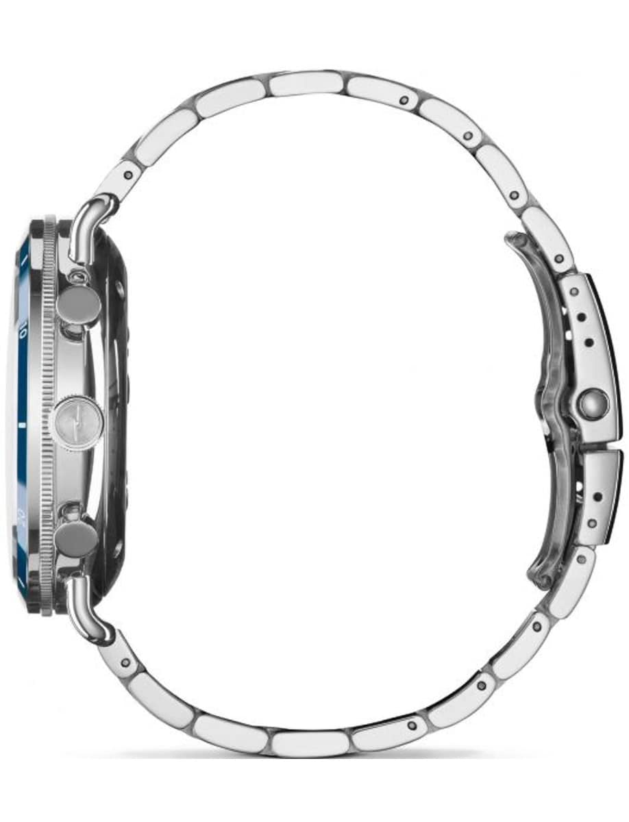 Side view of Shinola wristwatch with stainless steel case and bracelet