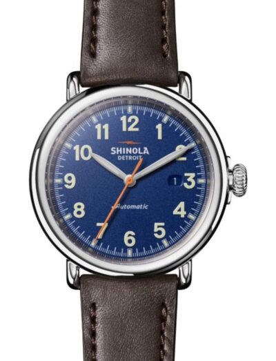 Shinola wristwatch with stainless steel case, blue dial and leather strap | Feldmar Watch Co. Shinola wristwatch with stainless steel case, blue dial and leather strap