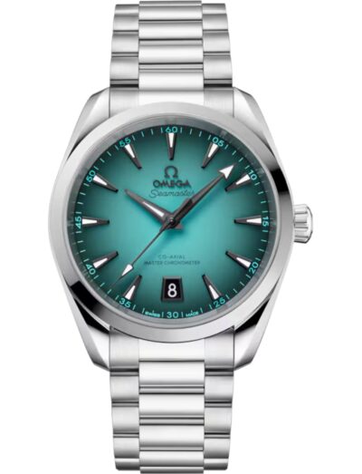 Omega wristwatch with stainless steel case and bracelet and turquoise dial | Feldmar Watch Co. Omega wristwatch with stainless steel case and bracelet and turquoise dial