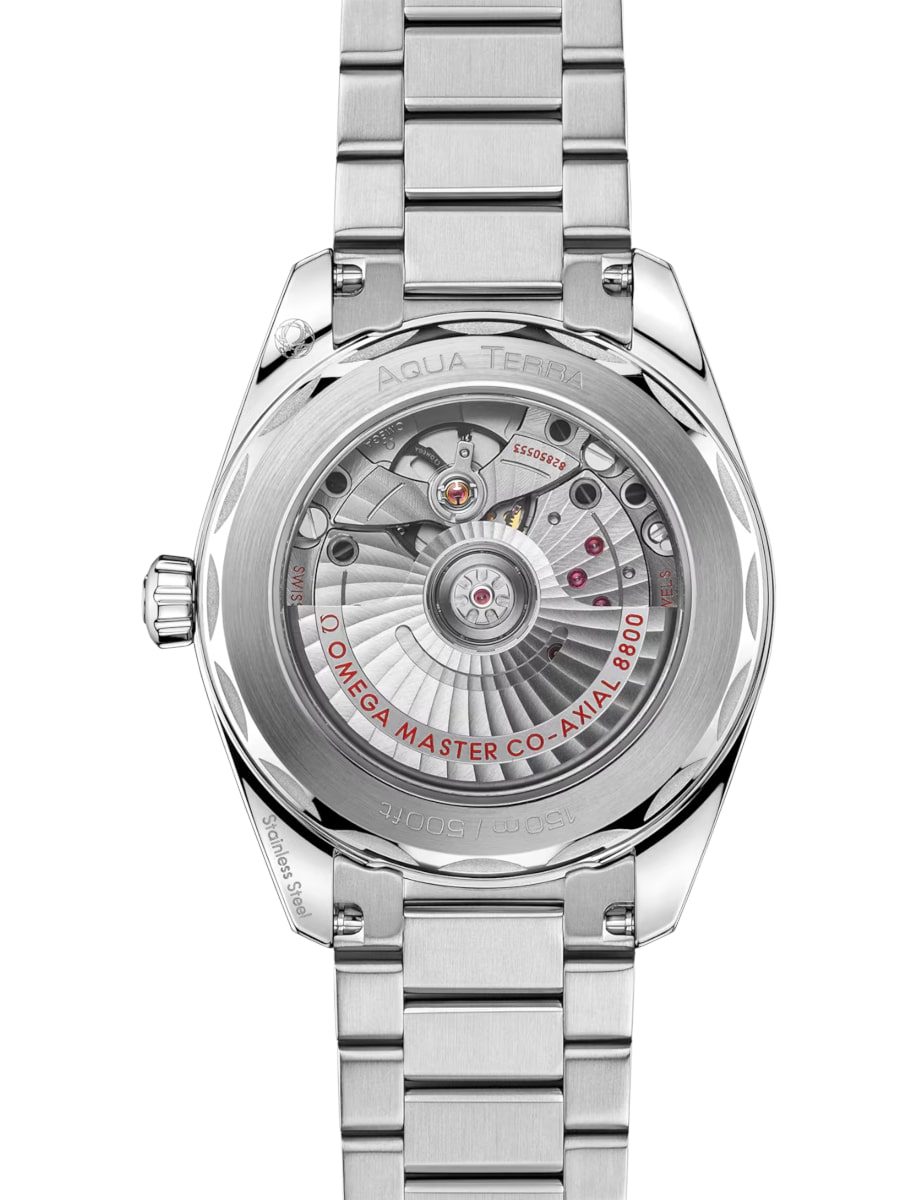 Back view of Omega wristwatch with stainless steel case and bracelet and turquoise dial