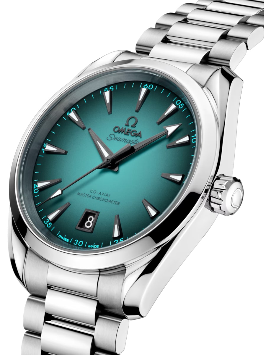 Side view of Omega wristwatch with stainless steel case and bracelet and turquoise dial