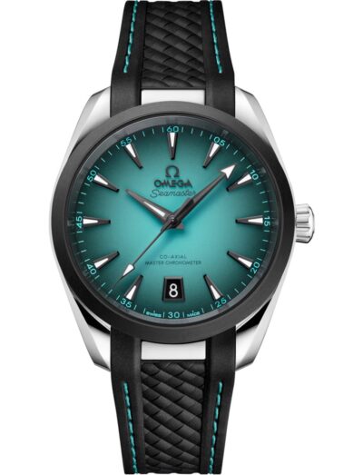 Omega wristwatch with stainless steel case, black rubber strap, and a turquoise dial. | Feldmar Watch Co. Omega wristwatch with stainless steel case, black rubber strap, and a turquoise dial.