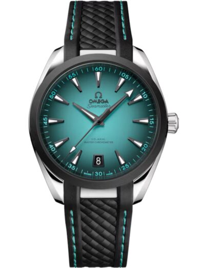 Omega wristwatch with stainless steel case, black ceramic bezel and rubber strap