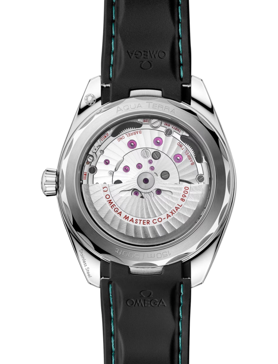 Back view of Omega wristwatch with stainless steel case, black ceramic bezel and rubber strap