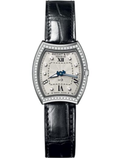 Bedat & Co wristwatch featured in stainless steel with diamond bezel, quartz movement, silver dial with diamond hour markers, black alligator strap with stainless steel folding buckle.