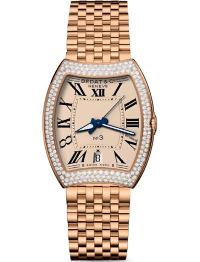 Bedat & Co wristwatch featured in 18 karat rose gold with diamond bezel, automatic movement, champagne dial, 18 karat rose gold bracelet.