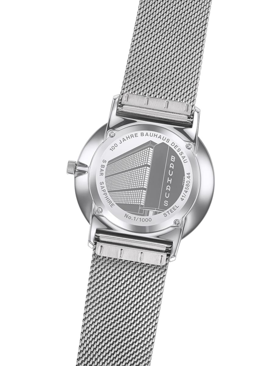 Back view of Junghans wristwatch with stainless steel case and bracelet.