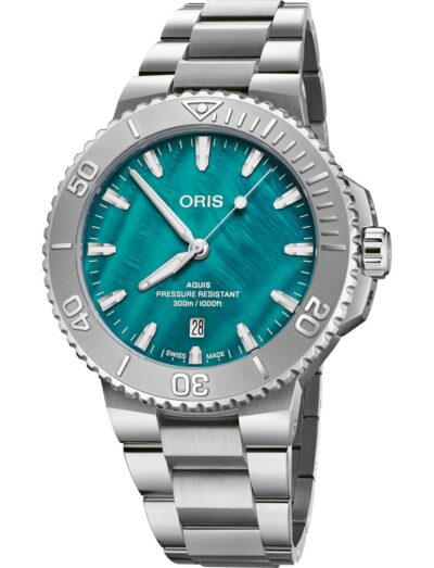Oris wristwatch with stainless steel case and bracelet, and aqua green mother-of-pearl dial.