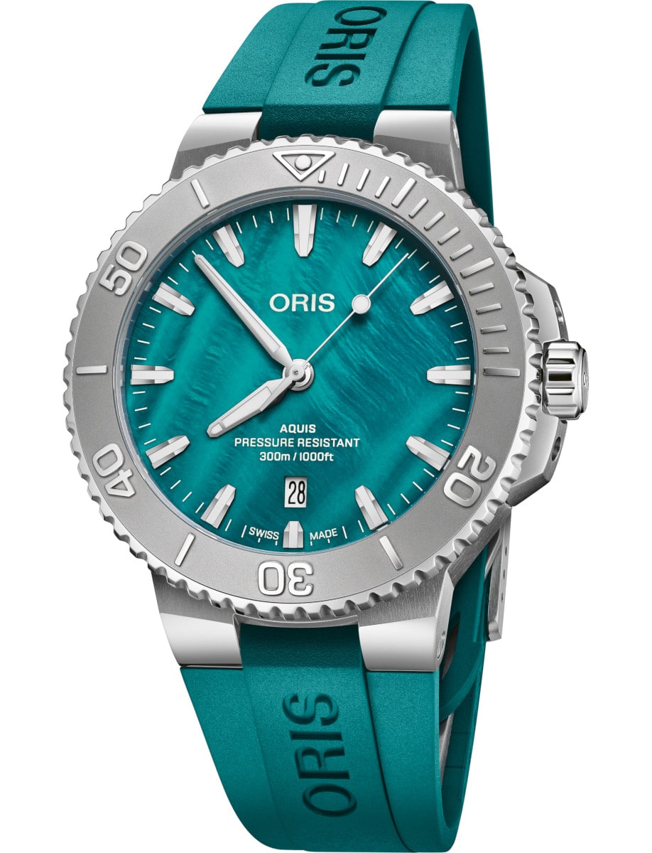 Oris wristwatch with stainless steel case,an aqua green mother-of-pearl dial, and aqua green rubber strap.