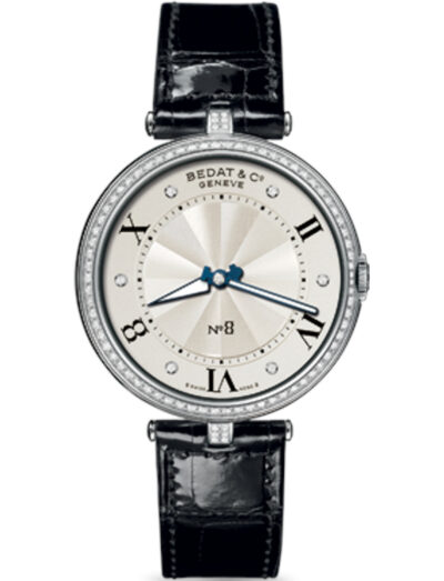 Bedat & Co wristwatch featured in stainless steel with diamond bezel, quartz movement, silver dial with diamond hour markers, black alligator strap with stainless steel folding buckle. | Feldmar Watch Co. Bedat & Co wristwatch featured in stainless steel with diamond bezel, quartz movement, silver dial with diamond hour markers, black alligator strap with stainless steel folding buckle.