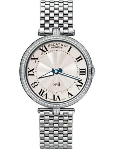 Bedat & Co wristwatch featured in stainless steel with diamond bezel, quartz movement, silver dial, stainless steel bracelet.
