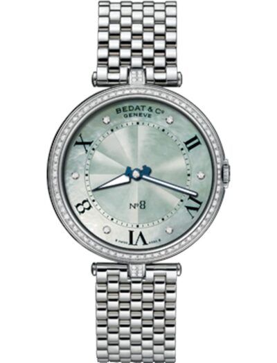 Bedat & Co wristwatch featured in stainless steel with diamond bezel, quartz movement, mother of pearl dial with diamond hour markers, stainless steel bracelet. | Feldmar Watch Co. Bedat & Co wristwatch featured in stainless steel with diamond bezel, quartz movement, mother of pearl dial with diamond hour markers, stainless steel bracelet.