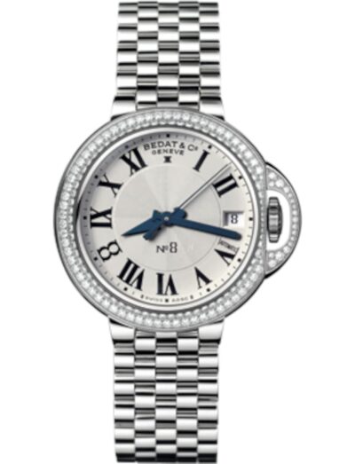 Bedat & Co wristwatch featured in stainless steel with diamond bezel, automatic movement, silver dial, stainless steel bracelet.