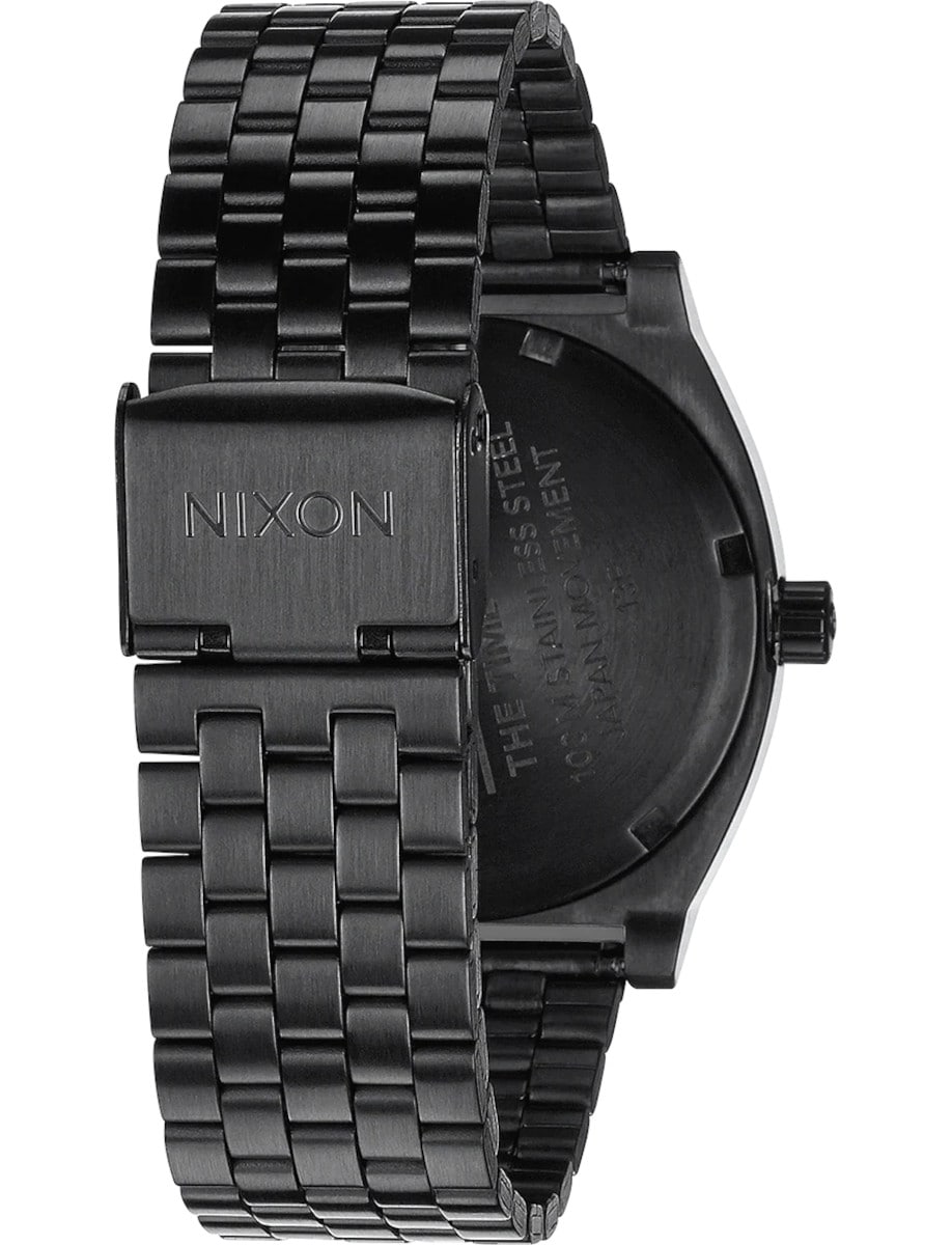 Back view of Nixon wristwatch with stainless steel case and bracelet, and a black dial.