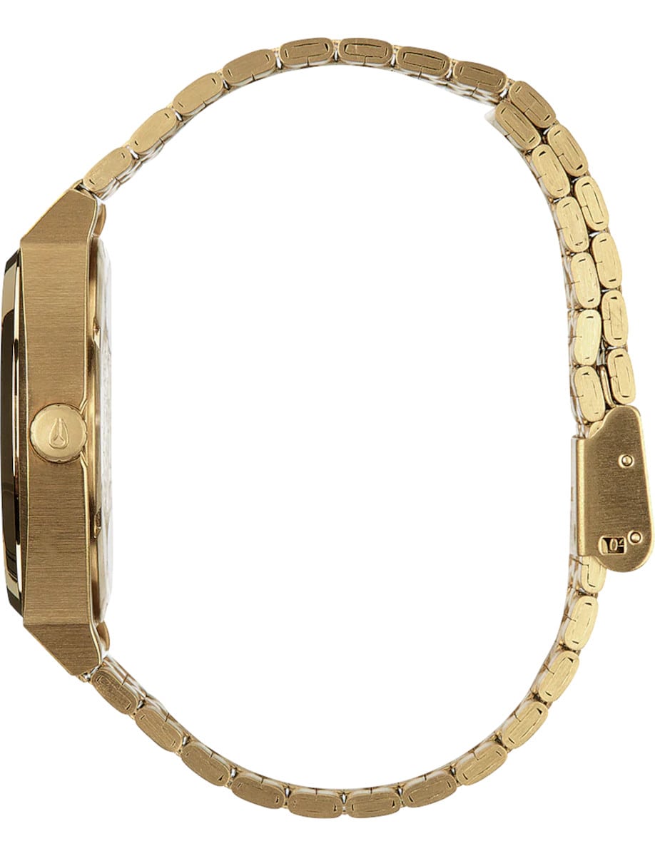 Side view of Nixon Time Teller wristwatch featured in yellow PVD stainless steel case and bracelet.