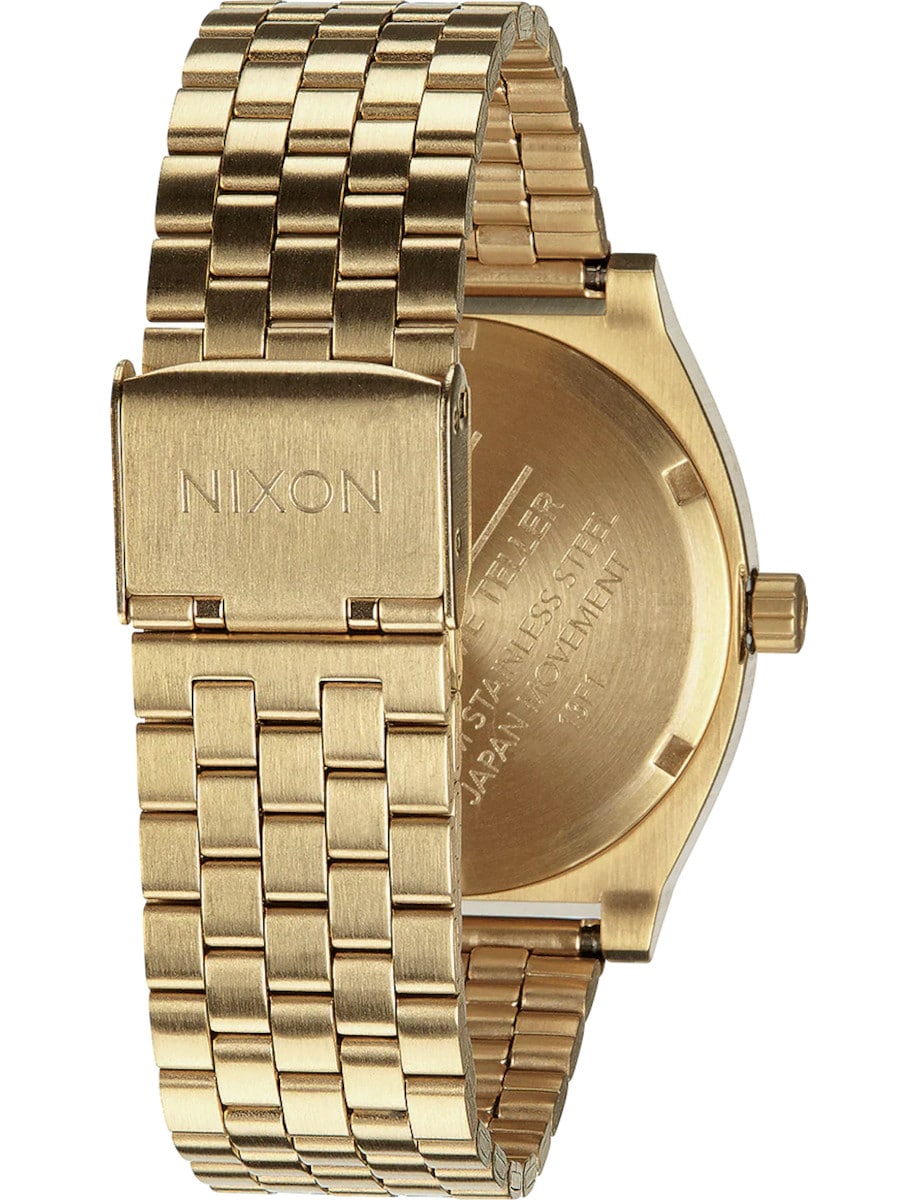 Back view of Nixon Time Teller wristwatch featured in yellow PVD stainless steel case and bracelet.