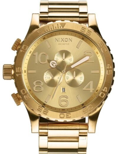 Nixon wristwatch featured in yellow PVD stainless steel, quartz chronograph movement, gold dial, yellow PVD stainless steel bracelet.