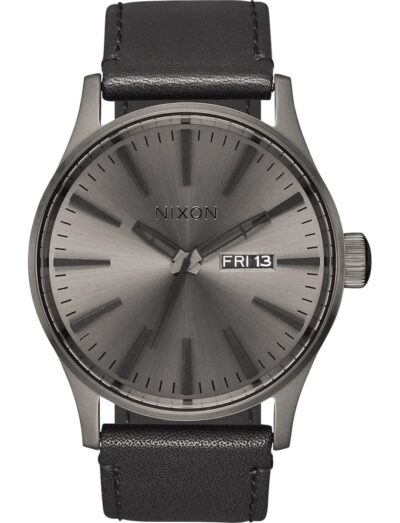 Nixon wristwatch with stainless steel case, black dial, and a black leather strap.