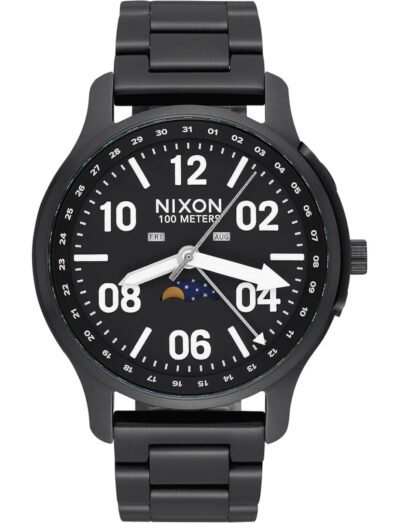 Nixon wristwatch with stainless steel case and bracelet, and a black dial.