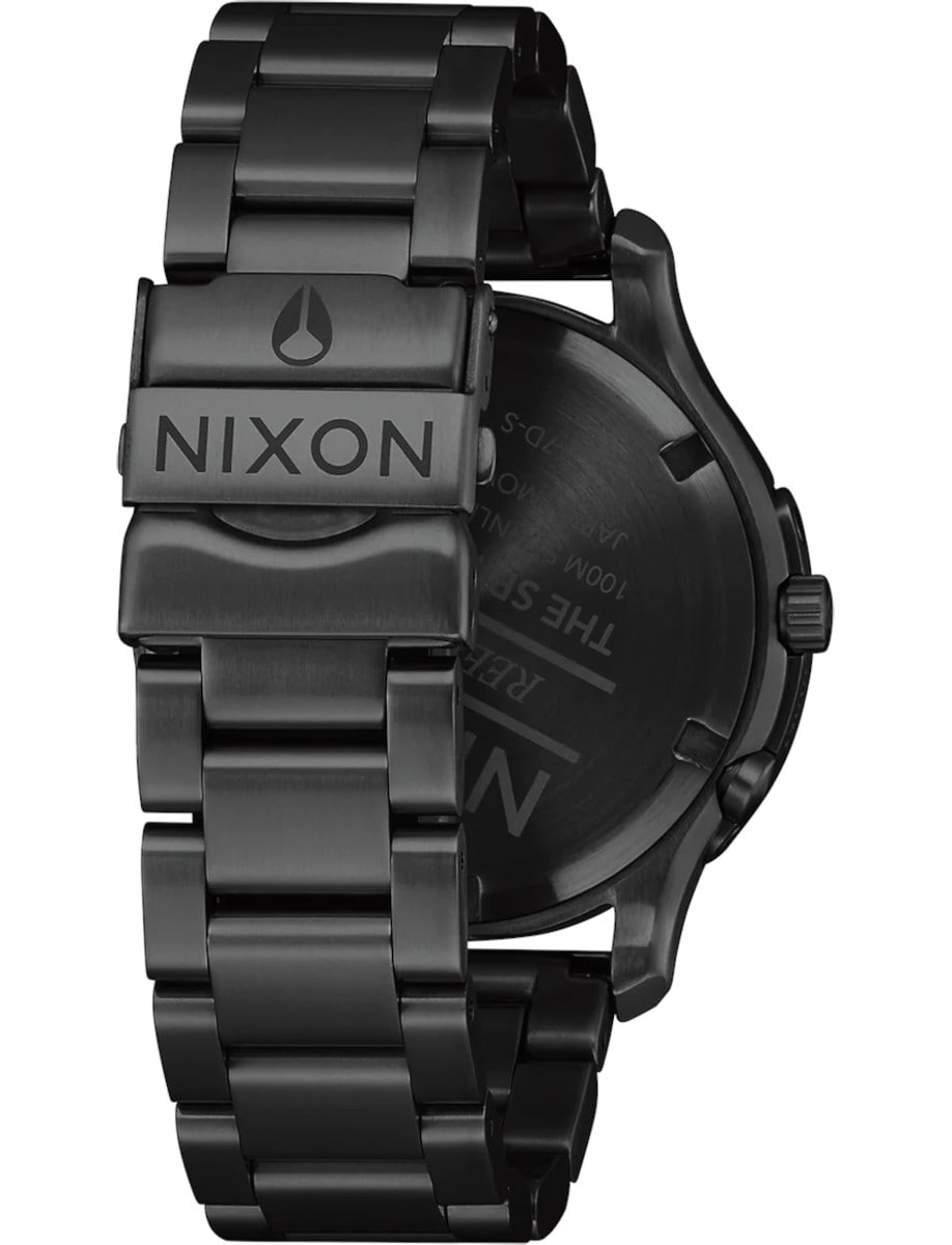 Back view of Nixon wristwatch with stainless steel case and bracelet.