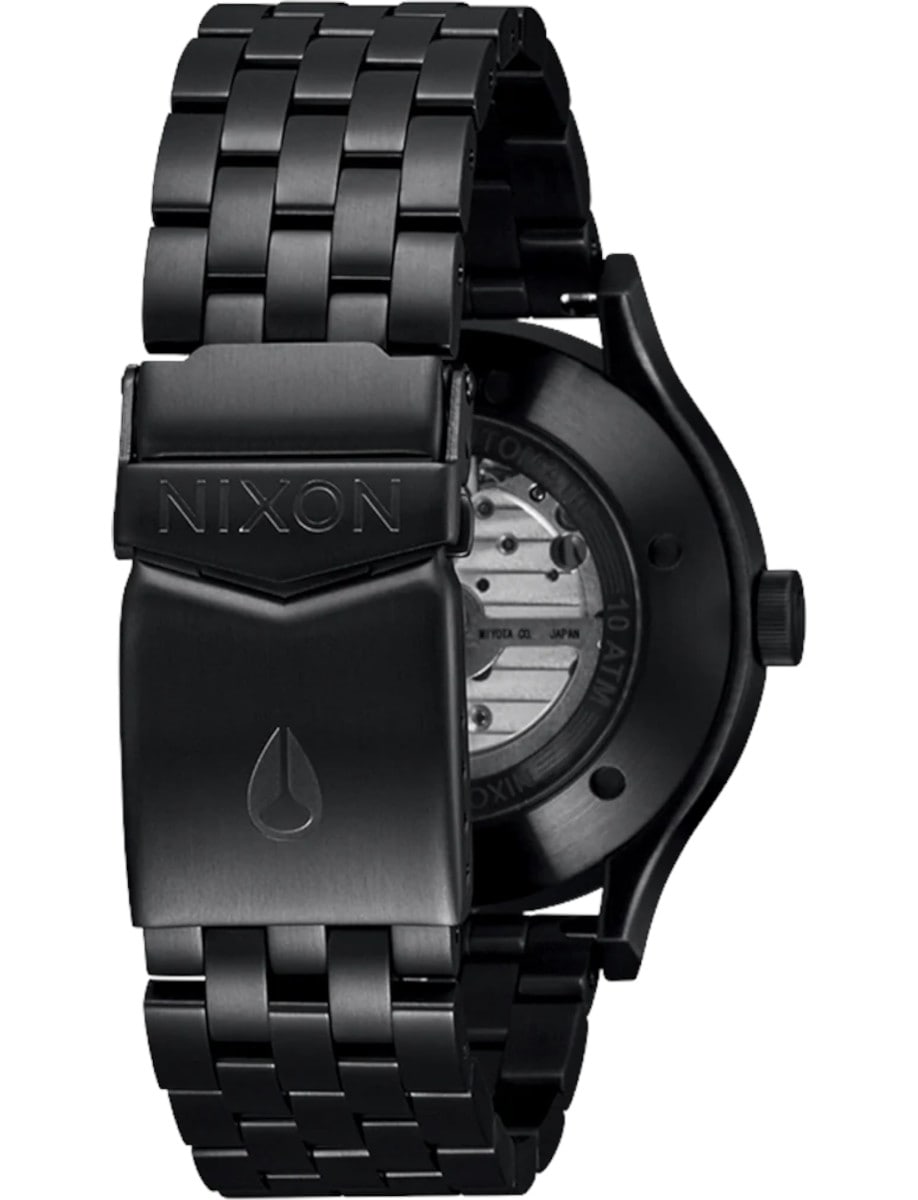 Back view of Nixon wristwatch with stainless steel case and bracelet.