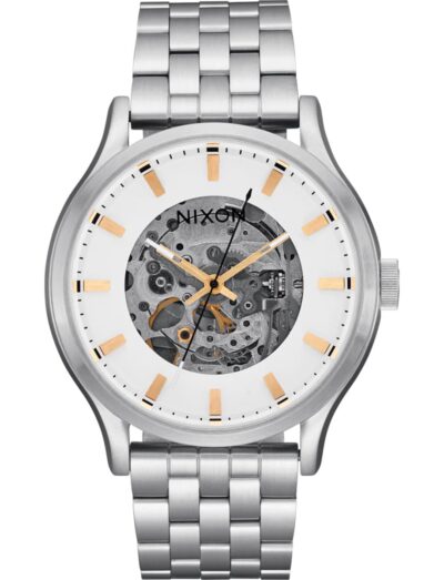 Nixon wristwatch with stainless steel case and bracelet, and a white exhibition dial.