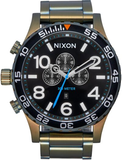 Nixon wristwatch with stainless steel case and bracelet, and black sunray dial.
