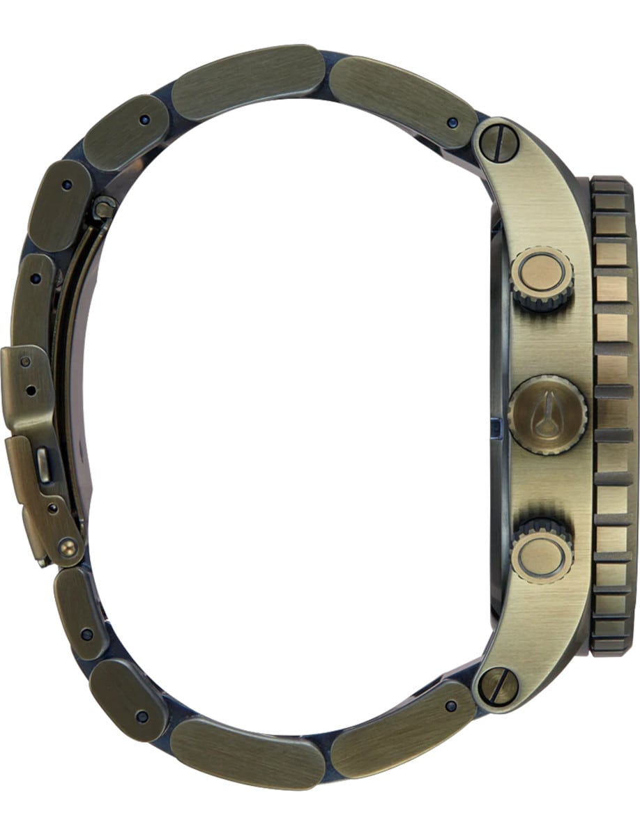 Side view of Nixon wristwatch with stainless steel case and bracelet.