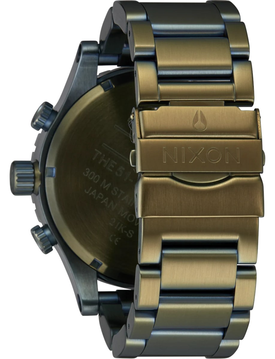 Back view of Nixon wristwatch with stainless steel case and bracelet.