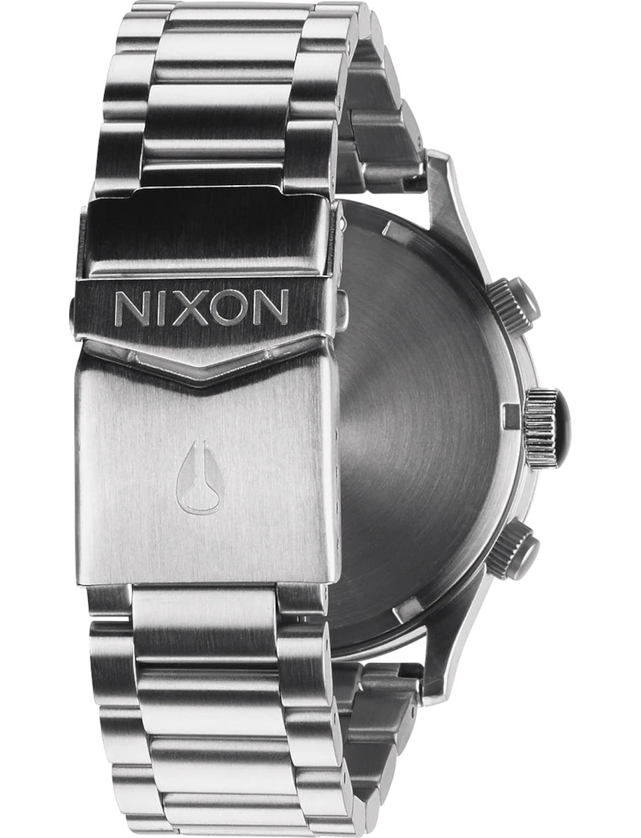 Back view of Nixon wristwatch with stainless steel case and bracelet.