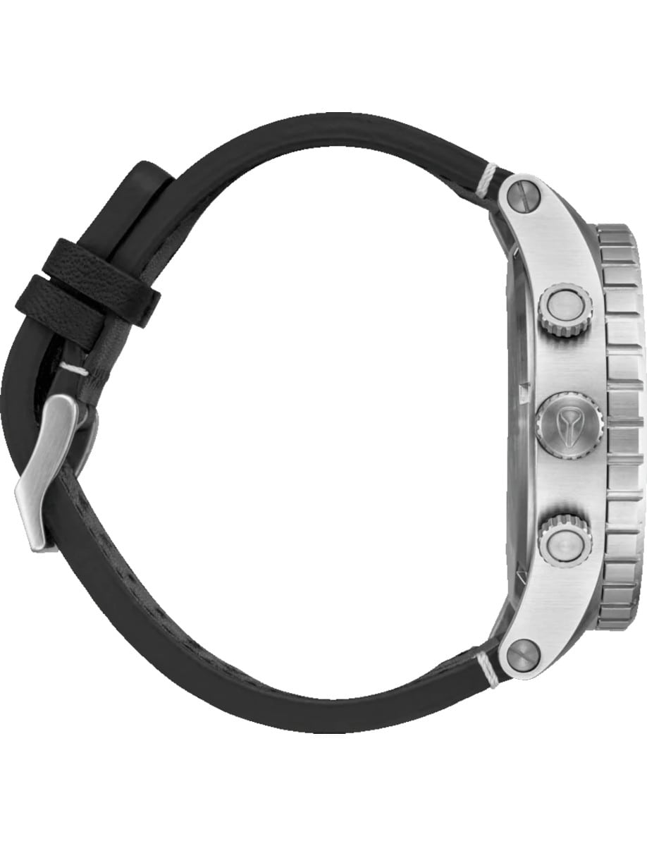 Side view of Nixon wristwatch with stainless steel case, and a black leather strap.